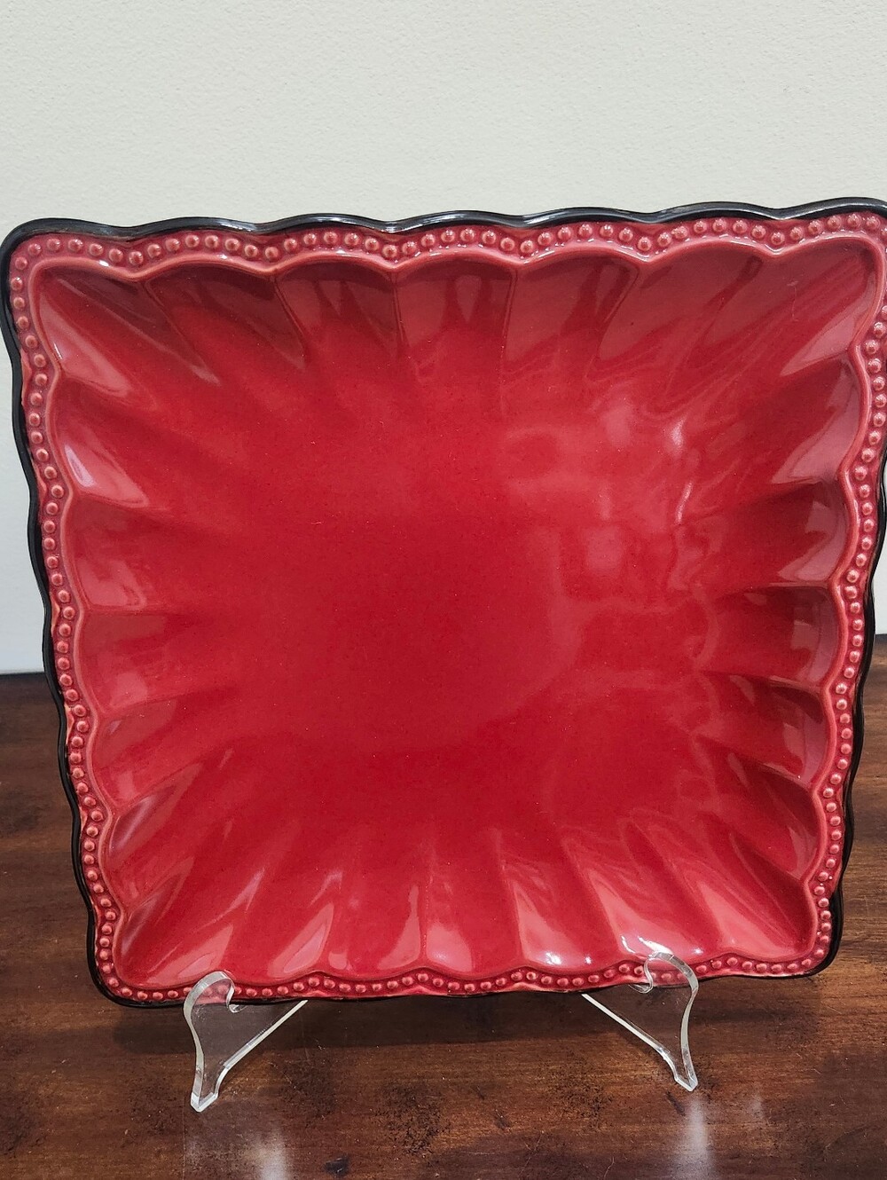 Roscher HOBNAIL RED Stoneware Square 10.75" Dinner Plate Red & Black Unused